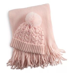 Madden Girl Pink Soft Scarf & Cable Knit Beanie Hat w Pearls Boxed Set Junior